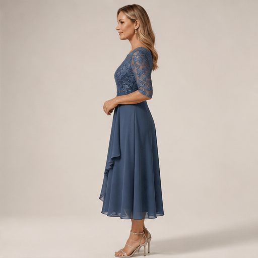 Slate Blue Embroidered Midi Dress | Scoop Neck Occasion Dress - Lace Bodice with Flowy Chiffon Skirt lifestyle