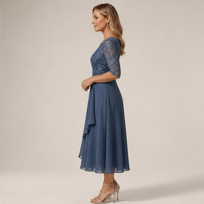 Slate Blue Embroidered Midi Dress | Scoop Neck Occasion Dress - Lace Bodice with Flowy Chiffon Skirt lifestyle