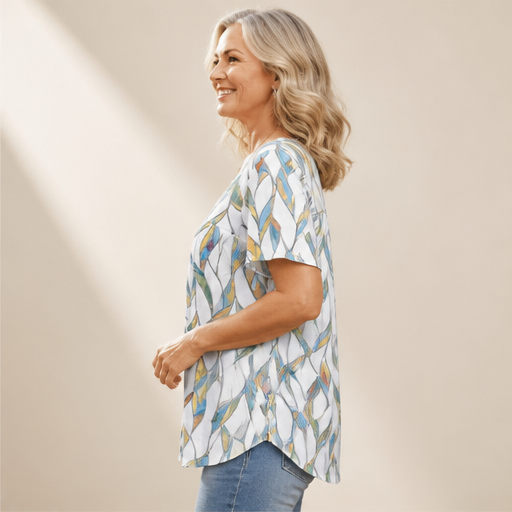 White Printed V-Neck T-Shirt | Pleated Short Sleeve Top for Women - Loose Fit Tunic Blouse lifestyle