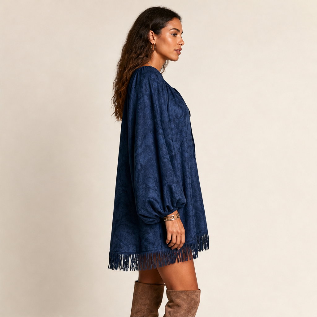 Marisol Women's Lace-Up Balloon Sleeve Tassel Hem Boho Mini Dress lifestyle