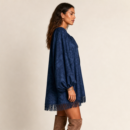 Marisol Women's Lace-Up Balloon Sleeve Tassel Hem Boho Mini Dress lifestyle
