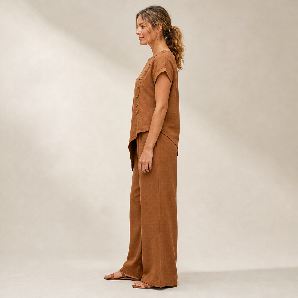 Rust Asymmetric Hem Top & Trouser Set | Women's Two-Piece Wide-Leg Outfit - Button Detail lifestyle