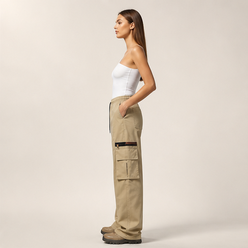 Khaki Cargo Trousers | Relaxed Fit Stretch Utility Pants - Women's Wide Leg with Pockets lifestyle
