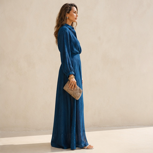 Champagne Chiffon Maxi Dress | V-Neck Slit Dress for Women - Long Sleeve Collared Style lifestyle
