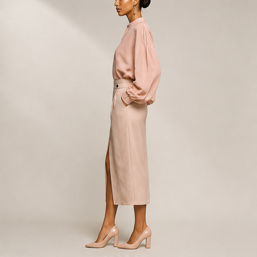 Pink Stand Collar Shirt & Midi Skirt Set | Two-Piece Suit - High-Waisted Skirt with Front Slit lifestyle