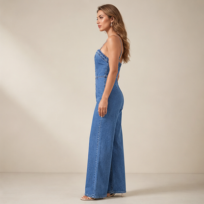 Denim Wide Leg Jumpsuit | Spaghetti Strap Button-Front Style - High Waist for Women lifestyle