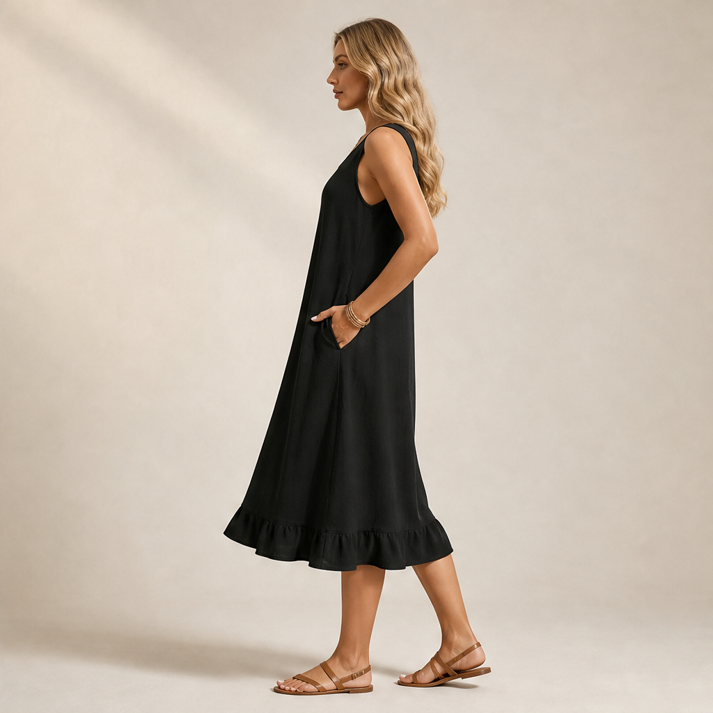 Marielle Women's Sleeveless Ruffle Hem Midi Dress with Dual Front Pockets - Casual Cotton Blend Summer Dress lifestyle