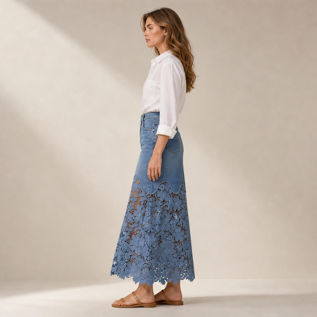 Denim Lace Hem Maxi Skirt | High-Waisted A-Line Style - Floral Crochet Trim lifestyle