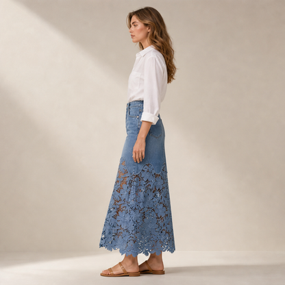 Denim Lace Hem Maxi Skirt | High-Waisted A-Line Style - Floral Crochet Trim lifestyle