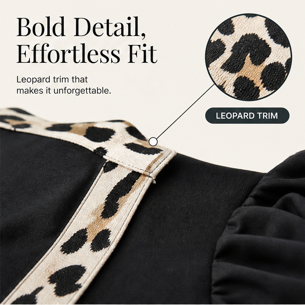 Marisol Women's Puff Sleeve Leopard Contrast Split Neckline Blouse Top features