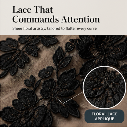 Black Lace Midi Dress | Elegant A-Line Wedding Guest Dress - Sheer Mesh Occasion Wear features