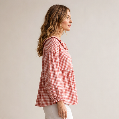 Red Gingham Top | Ruffled Peter Pan Collar Blouse - Puff Sleeve Casual Shirt for Women lifestyle