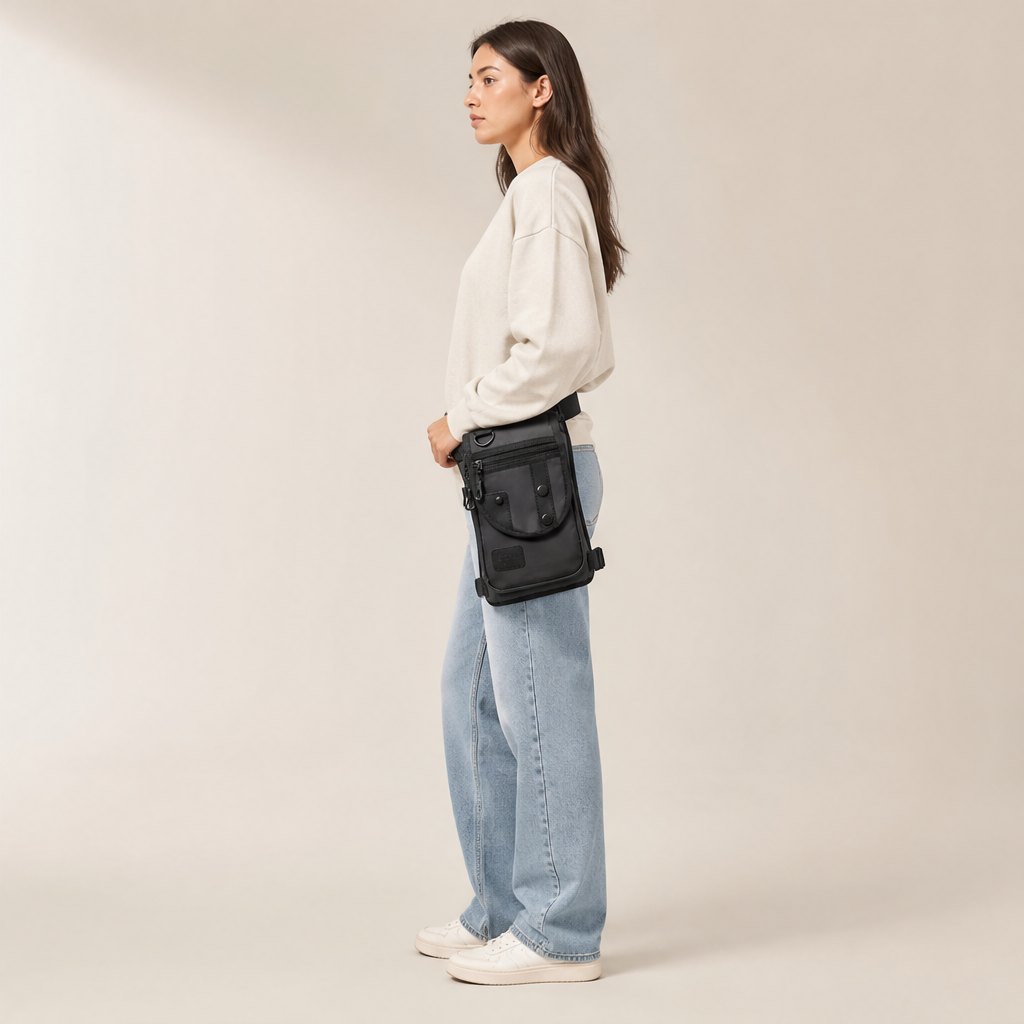 Black Leg Bag | Oxford Fabric Utility Thigh Bag for Travel - Adjustable Waist & Leg Straps lifestyle