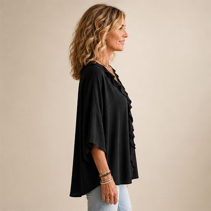 Black Ruffle V-Neck Blouse | Relaxed Fit Top for Women - Textured Three-Quarter Sleeve lifestyle