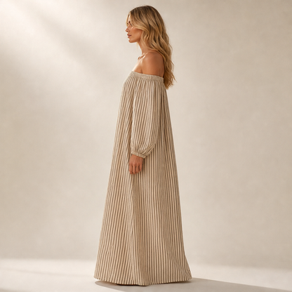 Beige Stripe Off Shoulder Maxi Dress | Lantern Sleeve Boho Dress - Relaxed Fit with Side Pockets lifestyle