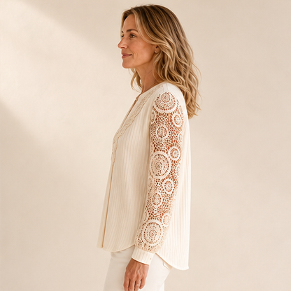 Cream Lace V-Neck Top | Crochet Sleeve Blouse for Women - Long Sleeve Pintuck Top lifestyle