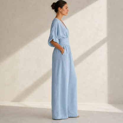 Light Blue V-Neck Jumpsuit | Wide-Leg Linen-Blend Playsuit - Wrap Waist Casual Wear lifestyle