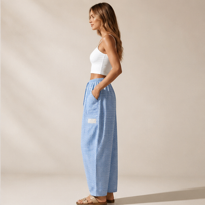 Blue Gingham Wide Leg Trousers | Women's Linen-Blend Plaid Trousers - Drawstring Waist with Pockets lifestyle