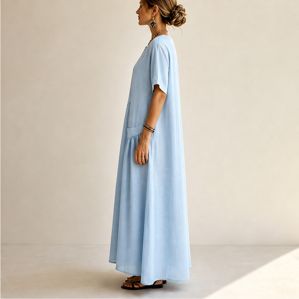 Sky Blue Cotton Linen Maxi Dress | Short Sleeve Button-Front Summer Dress with Pockets lifestyle