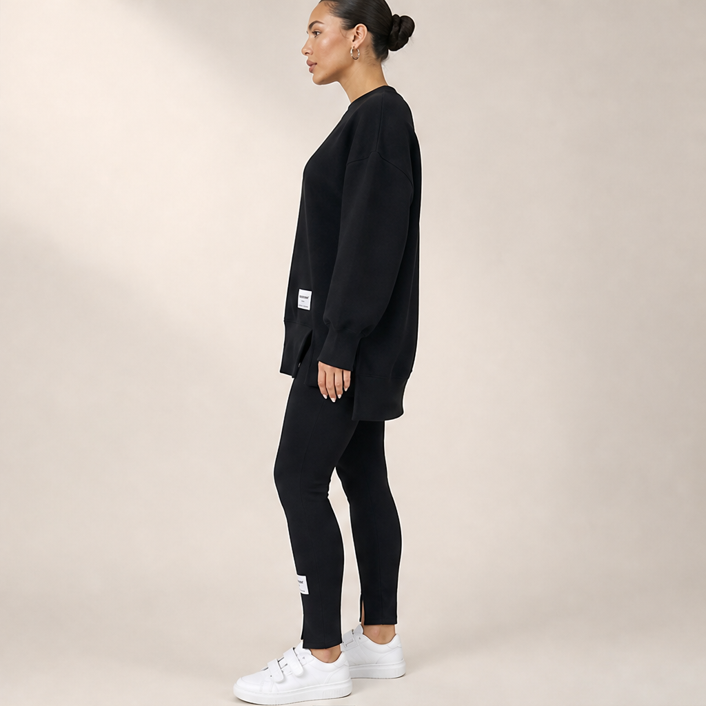 Black Sweatshirt Leggings Set | Oversized Casual Two-Piece Loungewear - Split Hem lifestyle