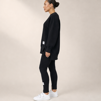 Black Sweatshirt Leggings Set | Oversized Casual Two-Piece Loungewear - Split Hem lifestyle