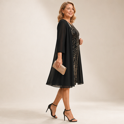 Black Sequin V-Neck Dress & Jacket Set | Two-Piece Evening Outfit with Sheer Chiffon Duster lifestyle