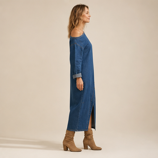Denim Off-Shoulder Dress | Midi Length Casual Dress - Long Sleeve with Button Front Split lifestyle