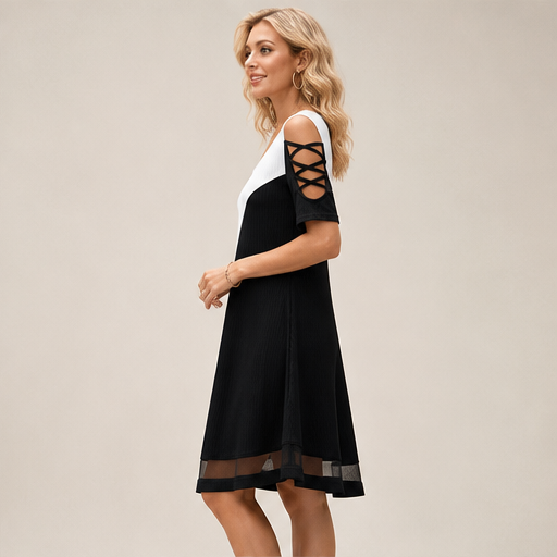 Black & White Colour-Block Midi Dress | Crew Neck Cold Shoulder - Ribbed Knit with Mesh Hem lifestyle