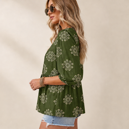 Khaki Green Floral Peplum Blouse | Boho V-Neck Button-Down Top - Puff Sleeve Tie Neck lifestyle