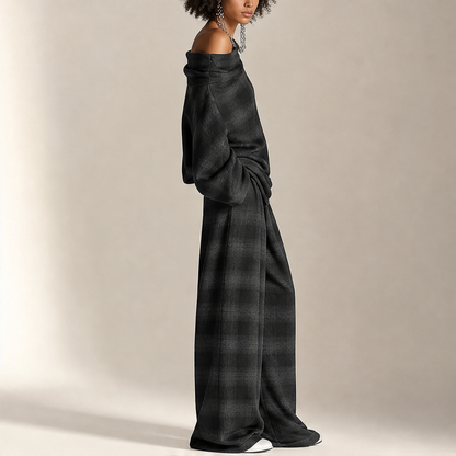 Grey Plaid Off Shoulder Top and Pants Set | Loose Two Piece Outfit - Wide Leg Trousers lifestyle