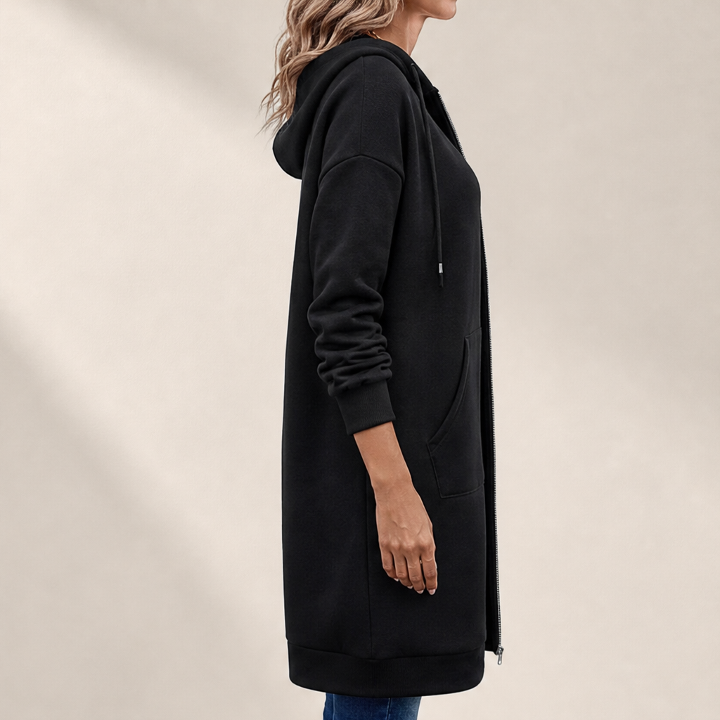 Black Longline Zip-Up Hoodie | Fleece-Lined Long Hooded Sweatshirt for Women - with Pockets lifestyle