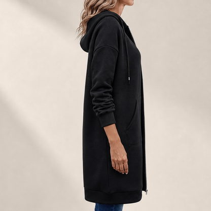 Black Longline Zip-Up Hoodie | Fleece-Lined Long Hooded Sweatshirt for Women - with Pockets lifestyle