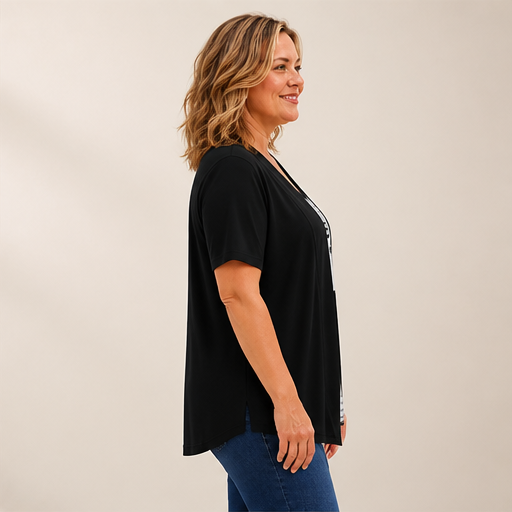 Black Fake Two Piece Top | Colour-Block Layered Look Blouse - Short Sleeve Cardigan Style lifestyle