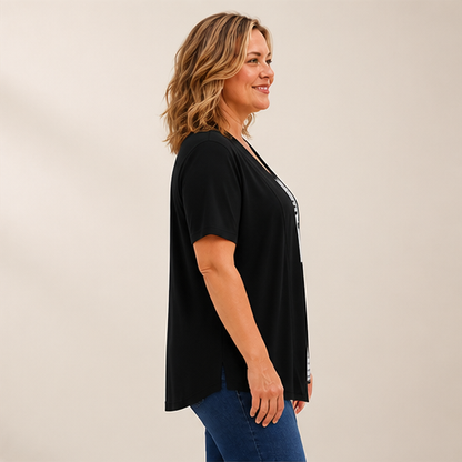 Black Fake Two Piece Top | Colour-Block Layered Look Blouse - Short Sleeve Cardigan Style lifestyle