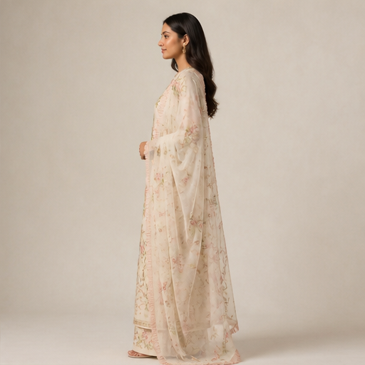 Ivory Banarasi Salwar Suit | Unstitched Silk Three-Piece Set - Hand-Embroidered Zari Floral Suit for Women lifestyle