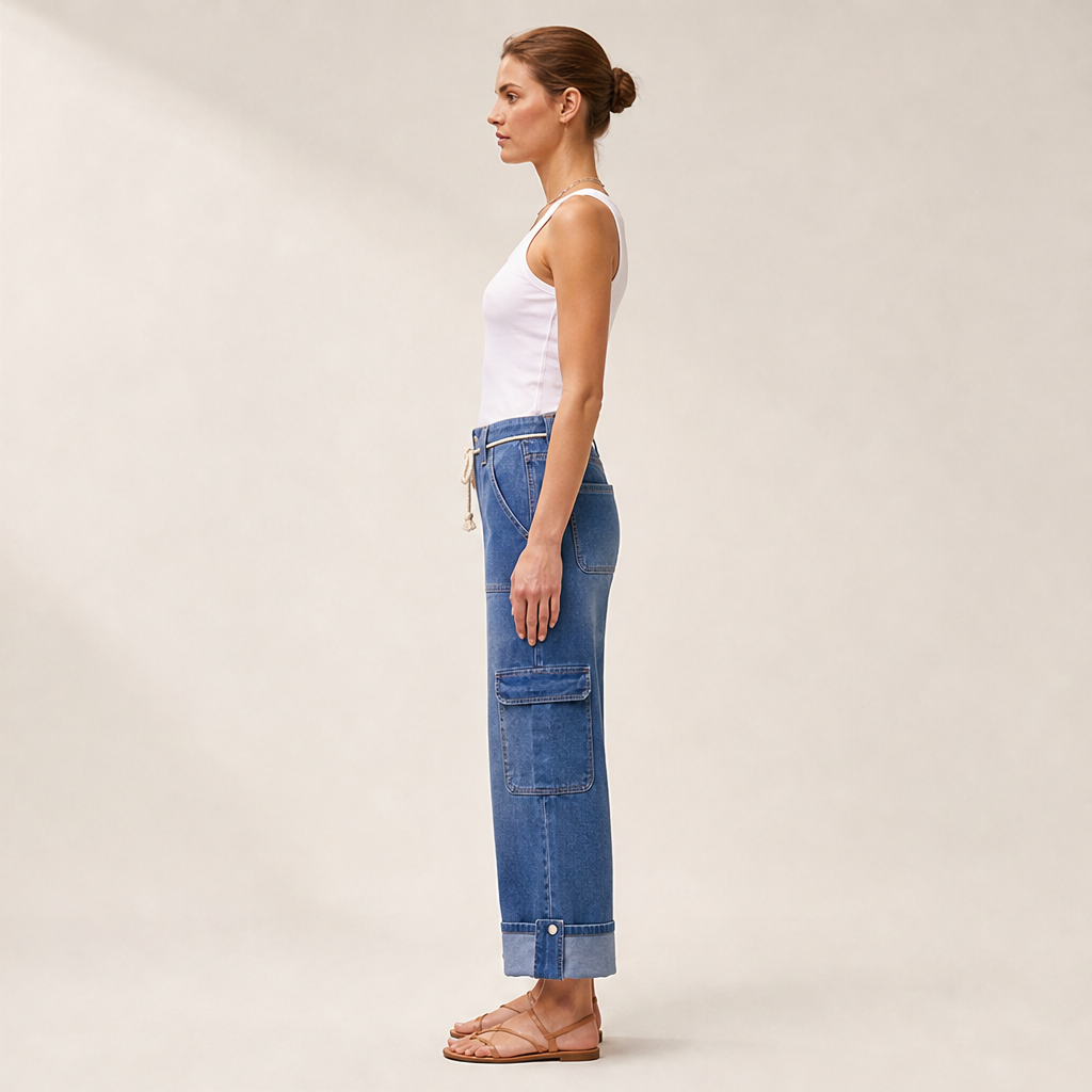 Wide Leg Cargo Trousers | Casual Denim-Style Pants for Women - Rope Tie Waist with Cargo Pockets lifestyle