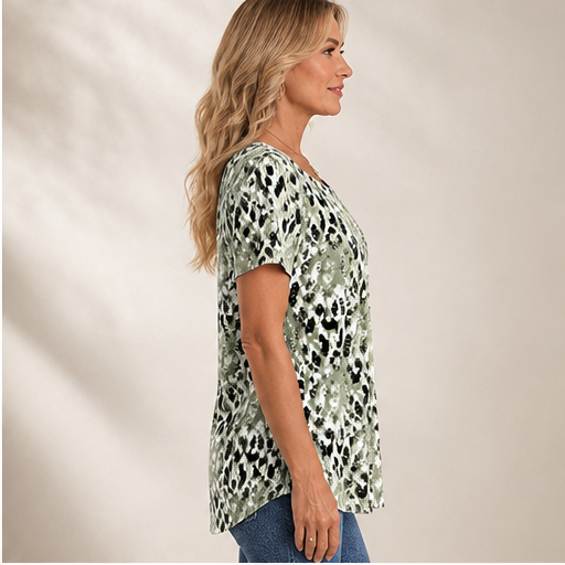 Sage Green Printed Top | Casual Leopard Print Short Sleeve Blouse - Round Neck Pleated Tunic lifestyle