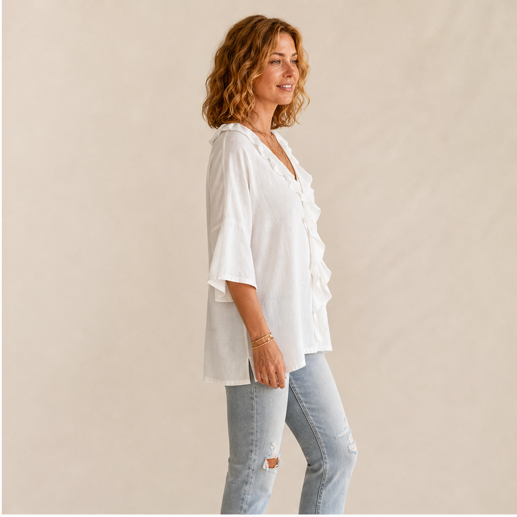 White Ruffle V-Neck Blouse | Elegant Linen-Look Top for Women - Flared Sleeve Tunic lifestyle