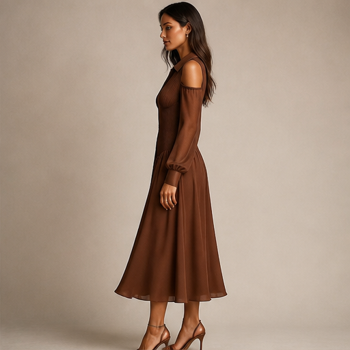 Brown Cold Shoulder Midi Dress | Chiffon Sleeve Shirt Dress - Ruched Waist Button Front lifestyle