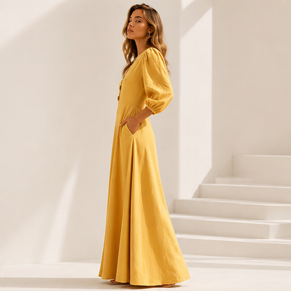 Mustard V-Neck Maxi Dress | Casual Puff Sleeve Long Dress - Linen-Blend with Pockets lifestyle
