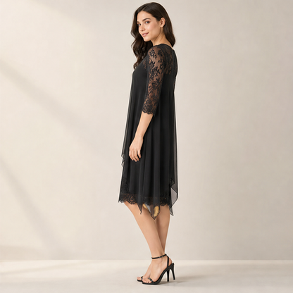 Black Lace Asymmetrical Hem Dress | Elegant Occasion Wear for Women - 3/4 Sleeve Chiffon Overlay lifestyle