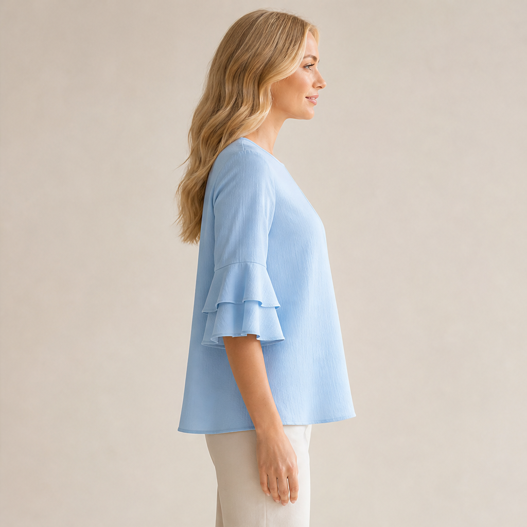 Light Blue Ruffle Sleeve Blouse | Tiered Bell Sleeve Top for Women - Round Neck with Front Pleat lifestyle