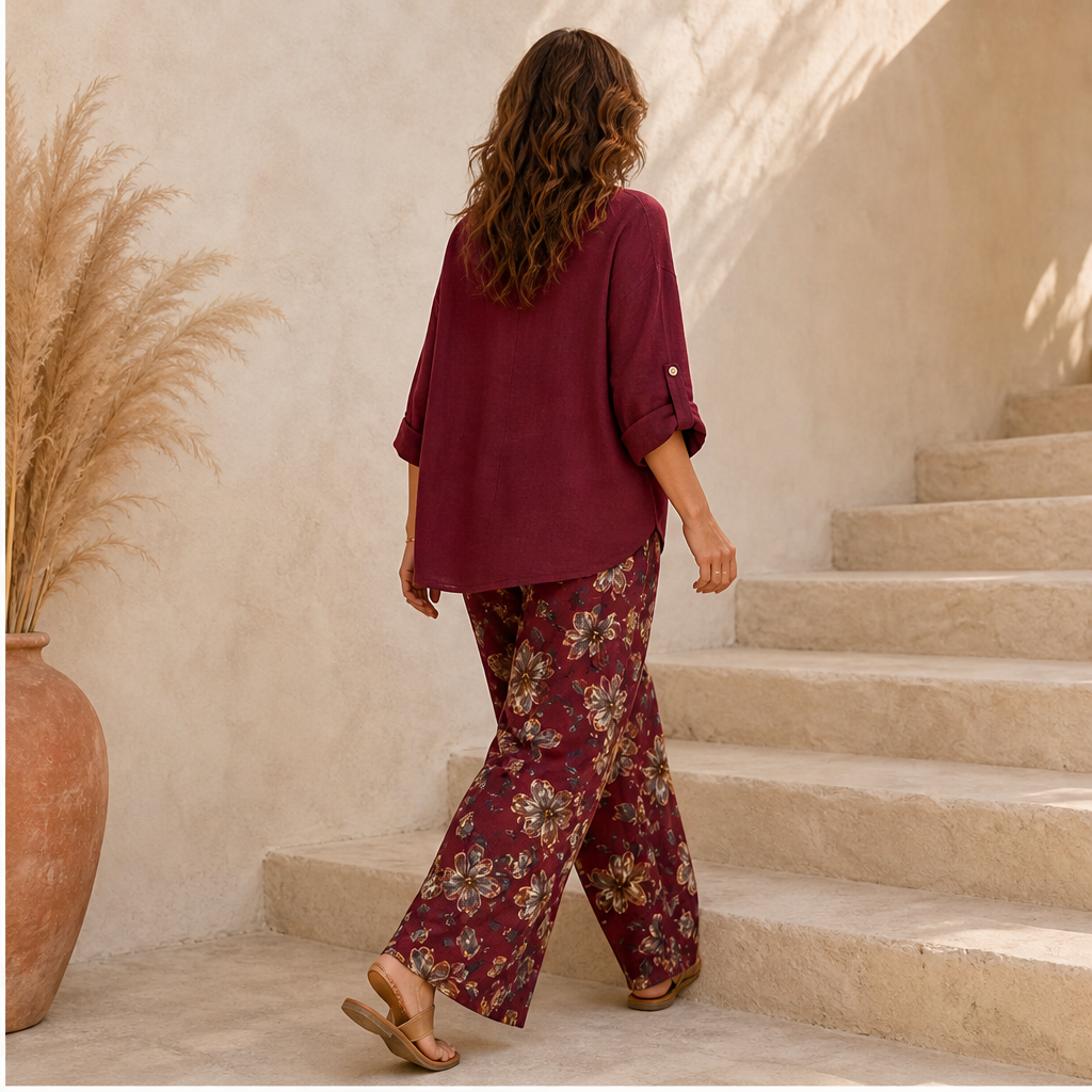 Marisol Women's Boho Two-Piece Cotton Linen Top & Wide-Leg Trouser Set - Floral Print Roll-Sleeve Blouse & Palazzo Trousers lifestyle