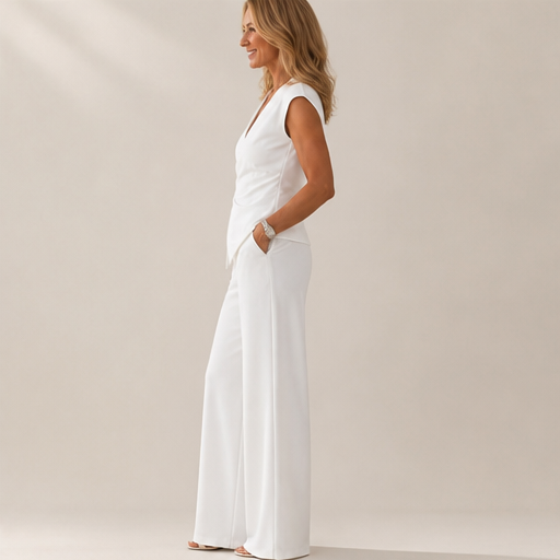 White Wrap Top Two-Piece Set | V-Neck Wide Leg Trouser Set for Women - Button Detail lifestyle