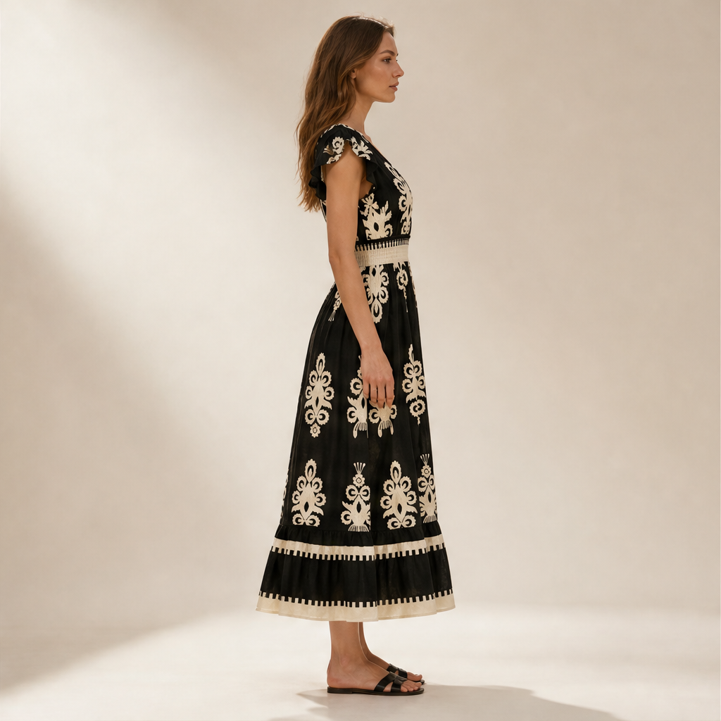 Black Baroque Print Maxi Dress | V-Neck Smocked Waist Summer Dress - Flutter Sleeve Boho Style lifestyle