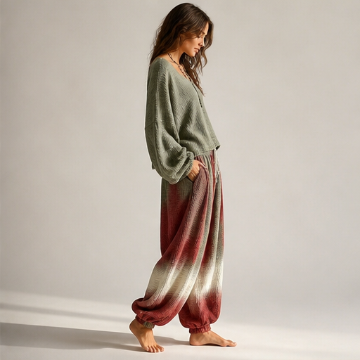 Olive Ombre Two Piece Matching Set | Bohemian Cotton Gauze Top & Harem Trousers - Loose Casual Style lifestyle