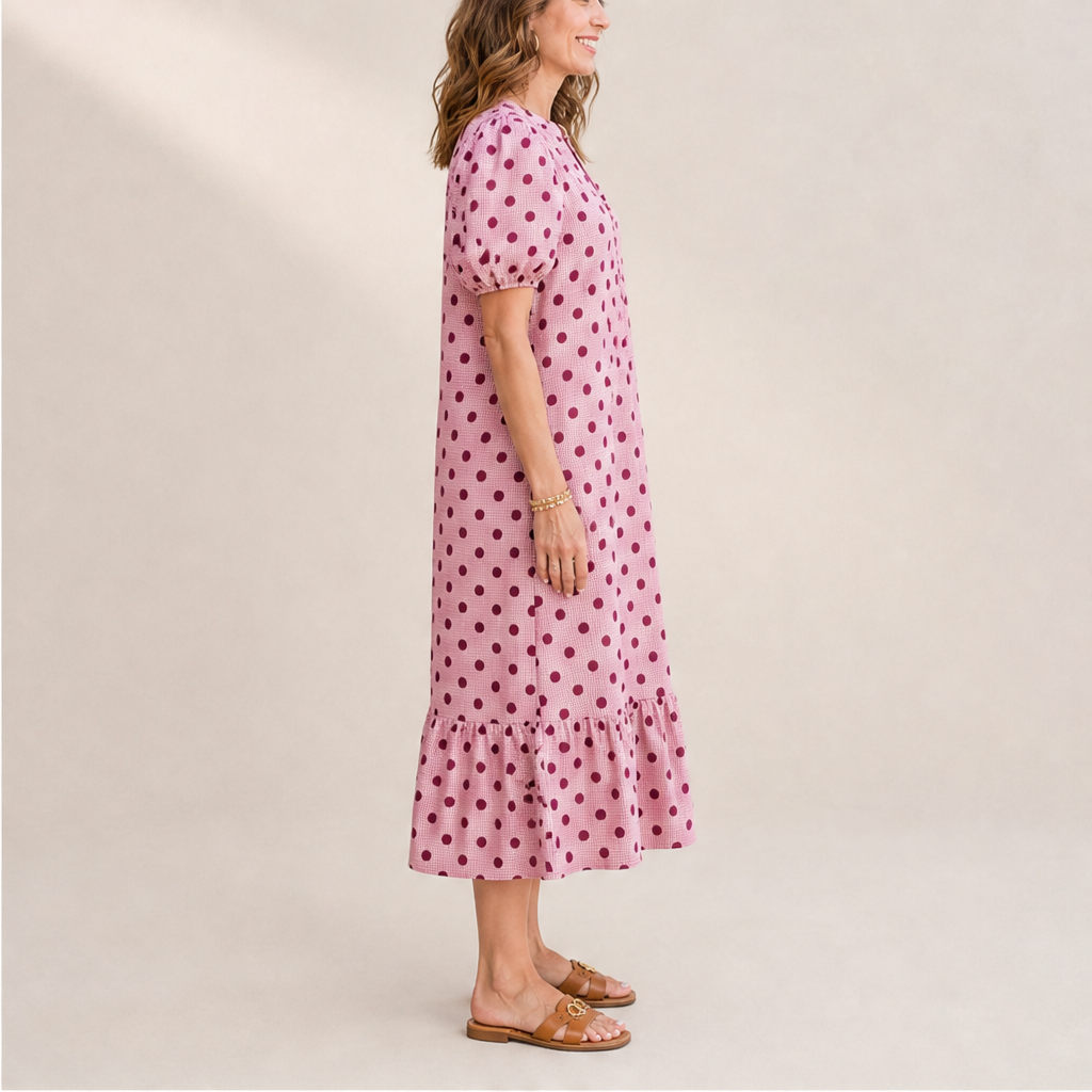 Pink Polka Dot Midi Dress | Puff Sleeve Gingham Tiered Dress - V-Neck Button Front lifestyle