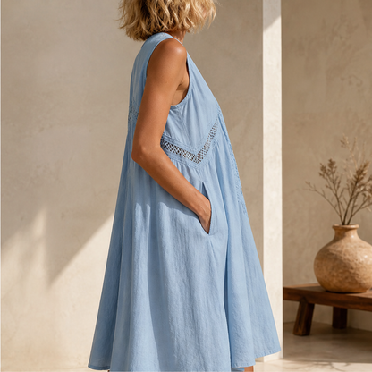 Marisol Women's V-Neck Tie-Front Lace Trim Midi Dress with Hidden Side Pockets - Sleeveless A-Line Summer Dress lifestyle