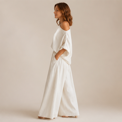 Ivory Off-Shoulder Wide Leg Set | Two-Piece Linen-Look Top & Trousers - Matching Set for Women lifestyle