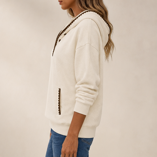 Cream Hooded Tunic Sweatshirt | Oversized Scalloped Trim Hoodie - Half-Button V-Neck with Side Pockets lifestyle